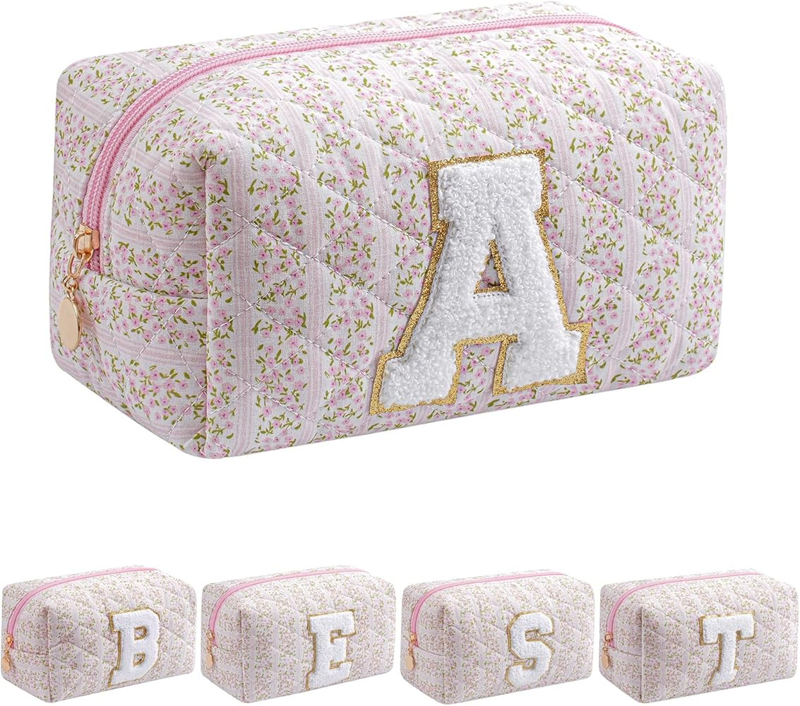 JOVAKIT Alphabet Makeup Bag Cosmetic Bag for Women for Girls Age 6-18 Pink Floral | Amazon (US)