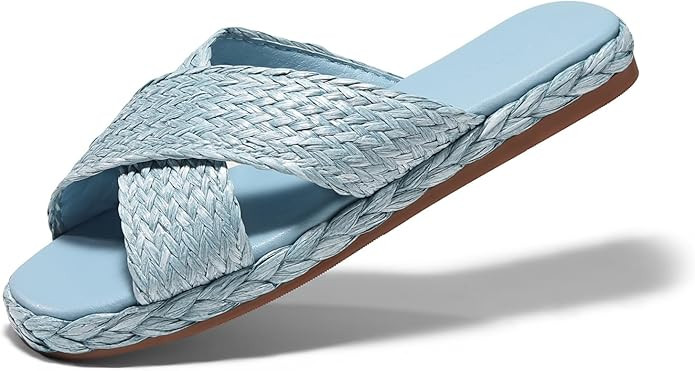 Coutgo Womens Flat Sandals Espadrilles Raffia Open Toe Slides Cross Strap Slip On Summer Dressy B... | Amazon (US)