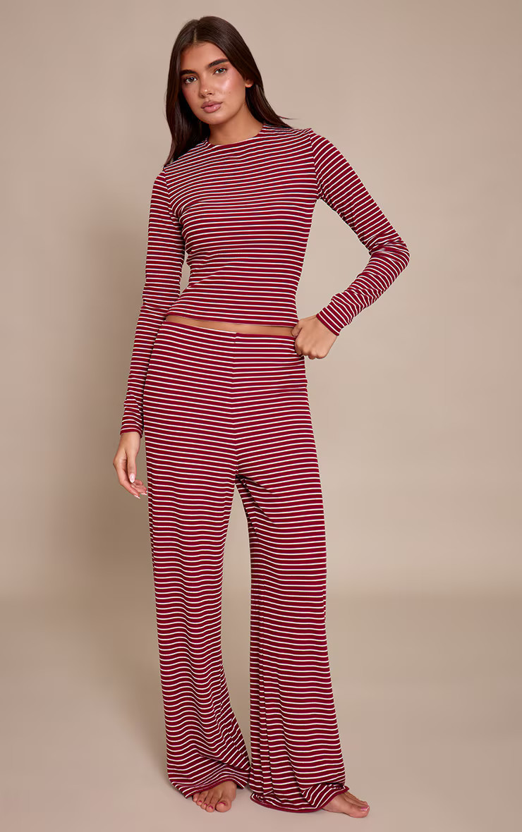 Burgundy Stripe Long Sleeve Soft Pyjama Set | PrettyLittleThing UK