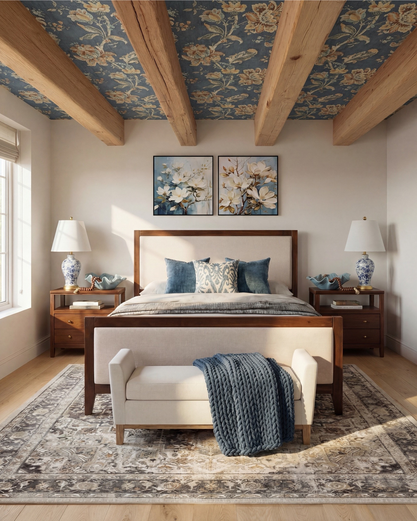 Bedroom Refresh : Shop The Look.
Most bedrooms play it safe—this one looks up. The floral ceiling becomes a soft romantic moment, echoed by layered blue accents that keep the palette calm but intentional. Warm wood grounds the room, symmetry keeps it elevated, and all the small styling pieces bring that collected, designer finish.

Steal this setup:
• Warm wood platform bed with upholstered headboard
• White bedding with layered neutral + blue pillows
• Chunky knit blue throw blanket
• Upholstered bench at the foot of the bed
• Matching warm-wood nightstands
• Blue décor bowls (nightstand styling)
• Bead décor strand
• Floral framed artwork pair above nightstands
• Blue ceramic table lamps
• Neutral patterned area rug
• Floral ceiling wallpaper (blue + white palette)

#LTKhome #LTKsale #LTKstyletip