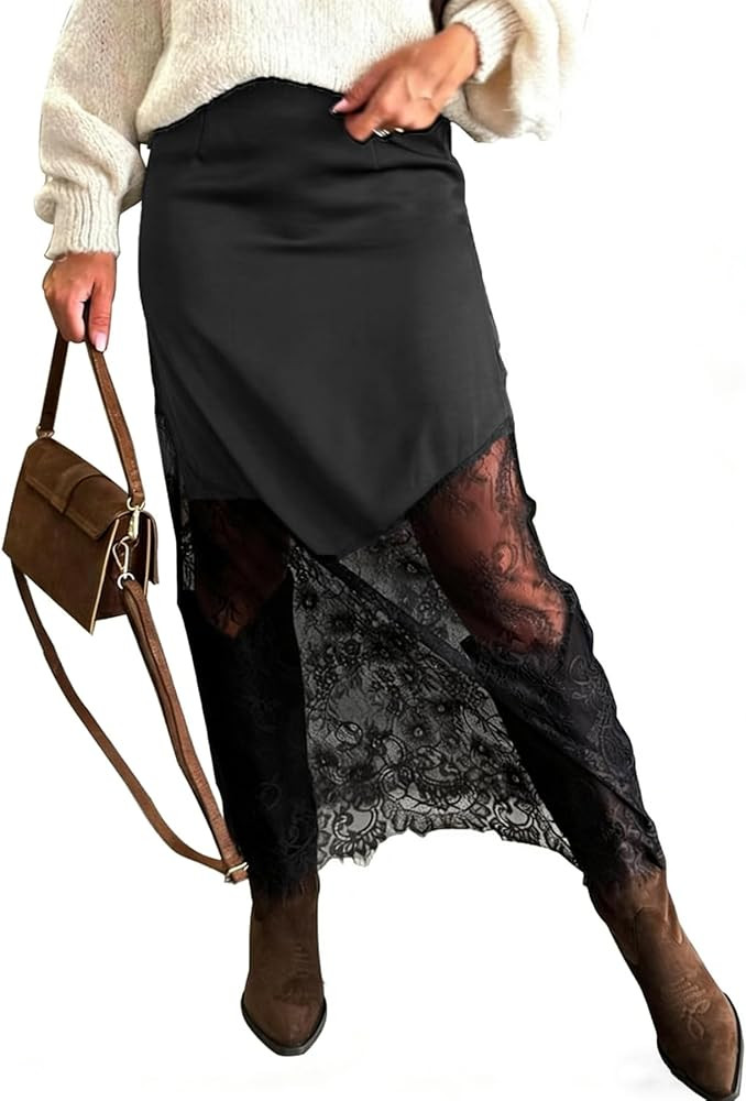 LETSVDO Women's Long Lace Skirts Satin Silky Elastic Waist Sheer Patchwork A Line Boho Maxi Skirt... | Amazon (US)