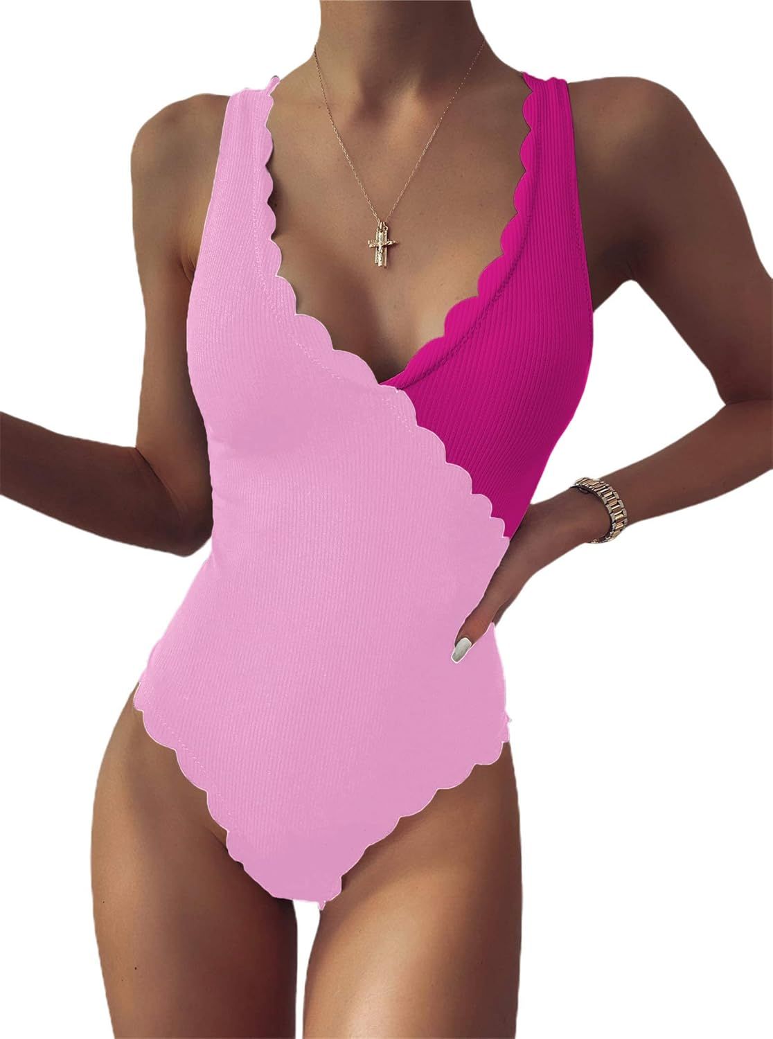 Avanova Women's Scalloped Deep V Neck One Piece Swimsuit Colorblock Swimwear Bathing Suits | Amazon (US)