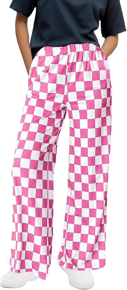 WSPLYSPJY Women's Casual Checkered Pants Elastic Waist Comfy Loose Wide Leg Pants with Pockets,XS... | Amazon (US)