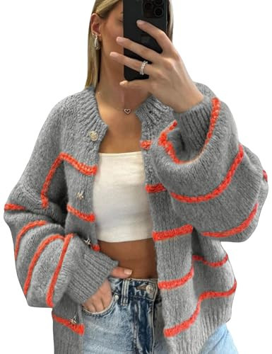 QIBABU Womens Striped Cardigan Sweaters Casual Open Front Long Sleeve Button Down Knit Outwear(2132-Grey-XS-QB) | Amazon (US)