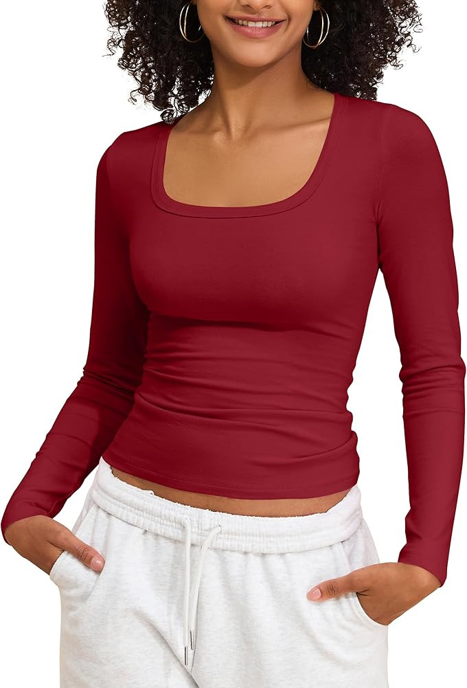 PrettyGuide Womens Cotton Square Neck Tops Slim Fit Long Sleeve Going Out Tops Fall Spring Casual... | Amazon (US)