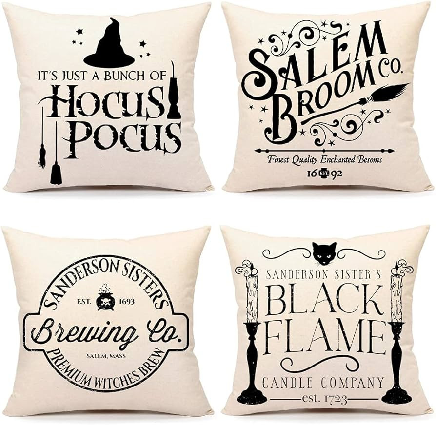 4TH Emotion Halloween Decor Pillow Covers 18x18 Set of 4 Halloween Decorations Hocus Pocus Farmho... | Amazon (US)