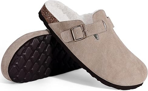 KIDMI Women's Fur Lined Suede Clogs Fuzzy Cork Footbed Mules Slip On Winter Potato Shoes | Amazon (US)