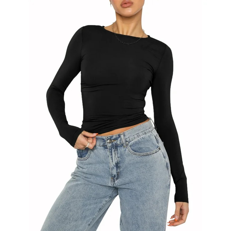 Women's Slim Fit Basic Tops, Long Sleeve Show Navel Pullover Shirt Streetwear | Walmart (US)