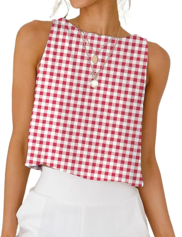 IDEALSANXUN Womens Gingham Tank Tops Spring Summer Casual Crop Cotton Sleeveless Shirts Blouses | Amazon (US)