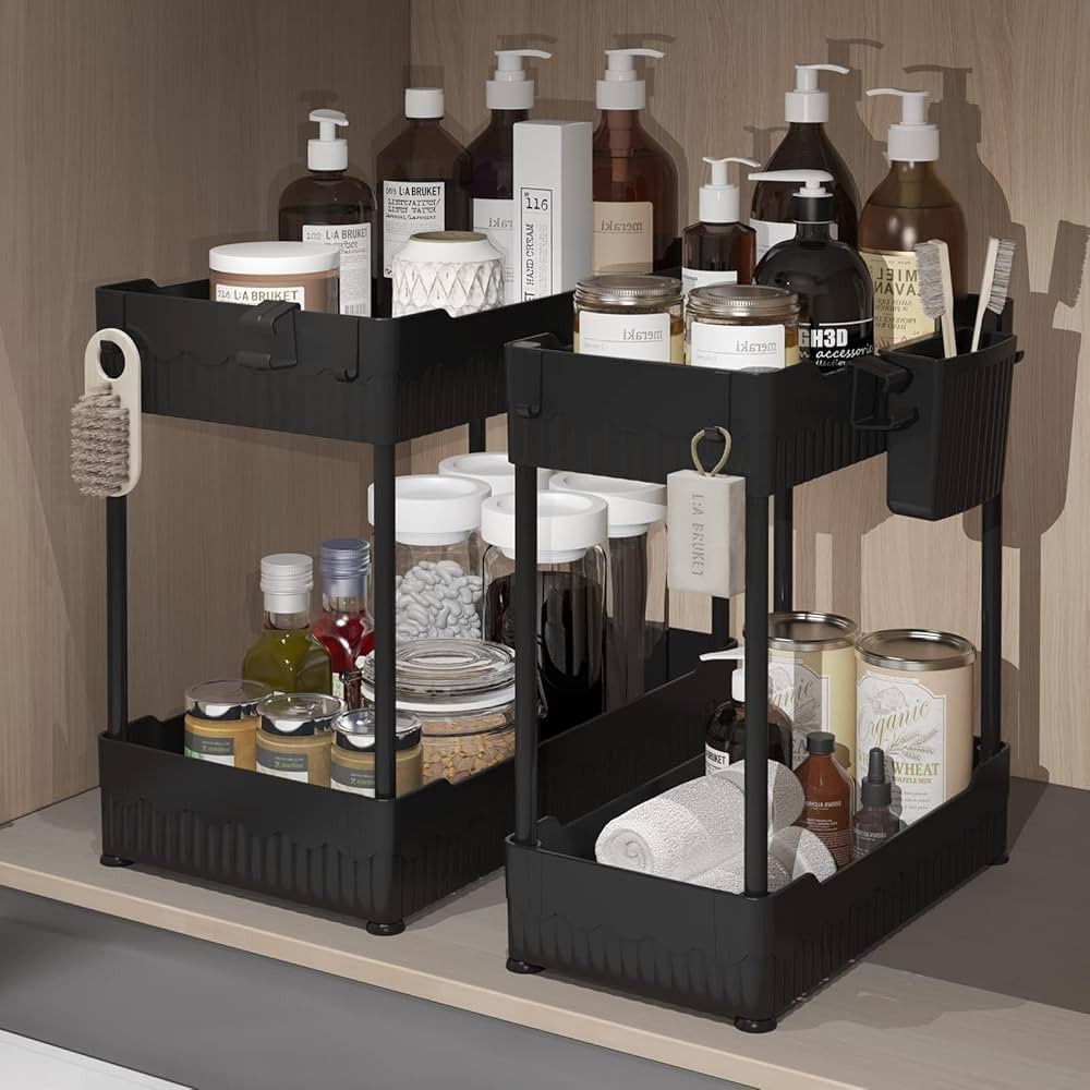 2 Pack Under Sink Organizer, Under Bathroom Cabinet Organizer with Hooks Hanging Cup, Multi-Purpo... | Amazon (US)