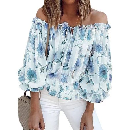 Women Boat Neck Shirts Floral Printed Off Shoulder Loose Summer Blouse fashion Ruffle Top Blue XL | Walmart (US)