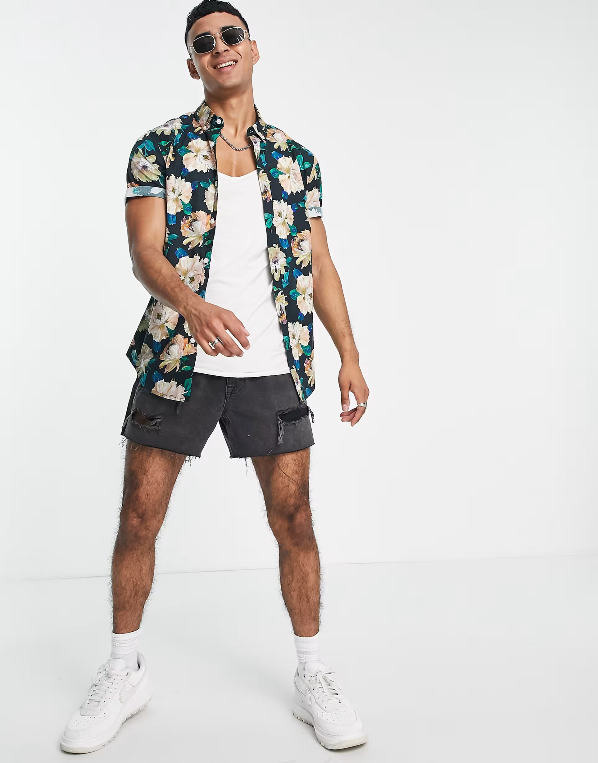 ASOS DESIGN stretch slim shirt in black floral print | ASOS (Global)