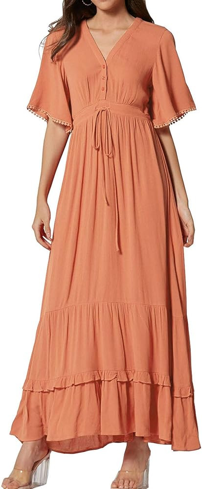 R.Vivimos Womens Summer Cotton Short Sleeve V Neck Floral Print Casual Bohemian Midi Dresses | Amazon (US)