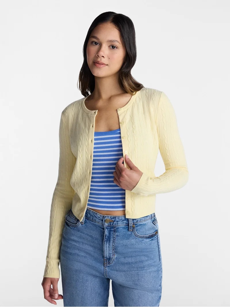 No Boundaries Cable Knit Crewneck Cardigan, Women's XXS-4X | Walmart (US)