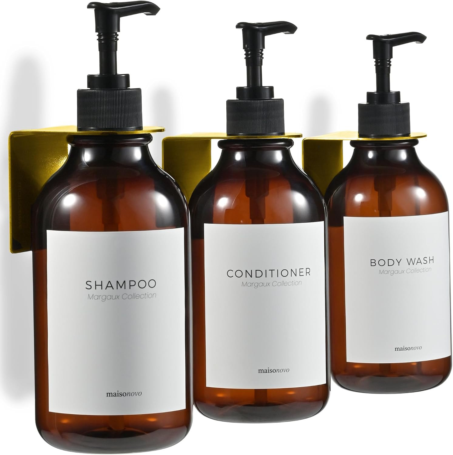 Shampoo and Conditioner Dispenser Wall Mounted Set of 3 Amber Gold - No Drill Shower Soap Dispenser for Bathroom Refillable - Spa Hotel Style Accessories by MaisoNovo | Amazon (US)