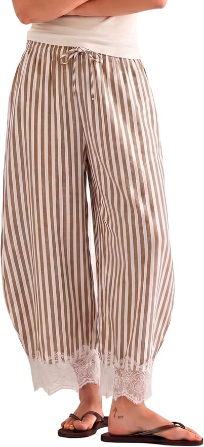 MINSURE Women's Striped Lace-Hem Capri Pants Casual Summer Wide Leg Cropped Palazzo Trousers with... | Amazon (US)