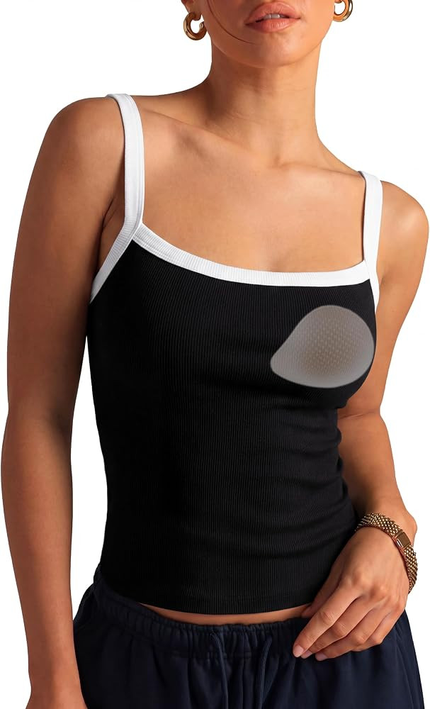 SUUKSESS Women Cotton Rib Padded Tank Tops Sleeveless Spaghetti Strap Square Neck Tops Summer Cam... | Amazon (US)