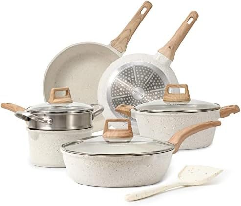 Amazon.com: CAROTE Pots and Pans Set Nonstick, White Granite Induction Kitchen Cookware Sets, 10 ... | Amazon (US)