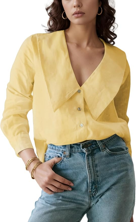 Daacee Women’s Big Collar Cotton Linen Blouses Dressy Casual Long Sleeve V Neck Button Down Shi... | Amazon (US)