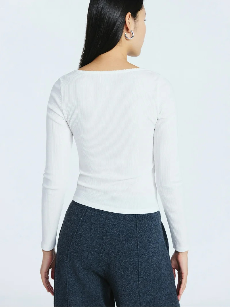 Scoop Women\u2019s Lace Trim Scoop Neck Ribbed Tee with Long Sleeves, Sizes XS-XXL | Walmart (US)