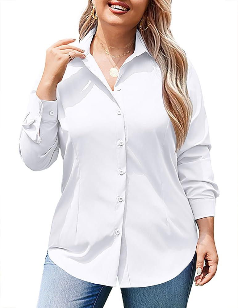 IN'VOLAND Women's Plus Size Button Down Shirts Long Sleeve Collared Casual Shirt Office Work Blou... | Amazon (US)