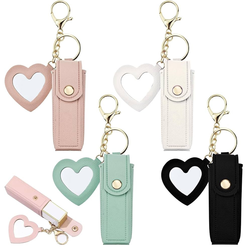 4 PACK PU Leather Potable Chapstick Holder Key Chain Bulk with Mirror, Lipstick Keychain, Lip Bal... | Amazon (US)