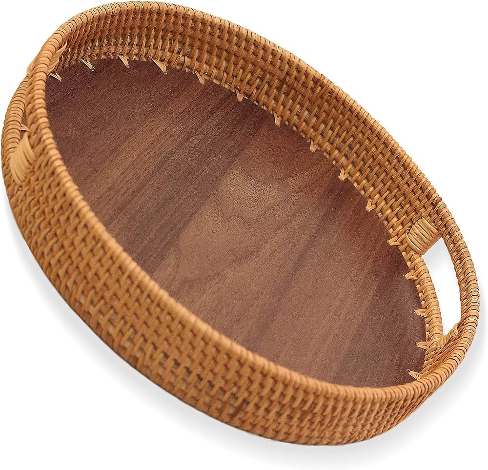 Rattan Decorative Tray with Natural Wood - Coffee Table/Ottoman Tray - Vanity Tray - Fruit Basket... | Amazon (US)