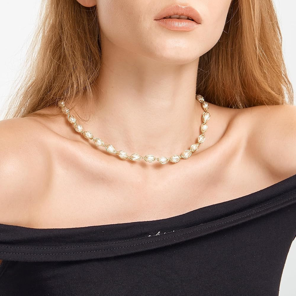EVER FAITH Baroque Pearls Collar Necklace, Gold Plated Vintage Freshwater Pearl Wrapped Silk Hand... | Amazon (US)