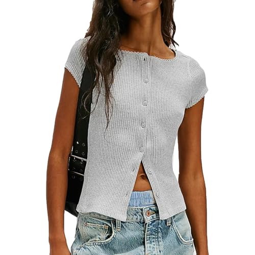 Womens Slim Fitted Shirts Short Sleeve Cardigan Button Down Blouses Y2k Ribbed Tops | Amazon (US)