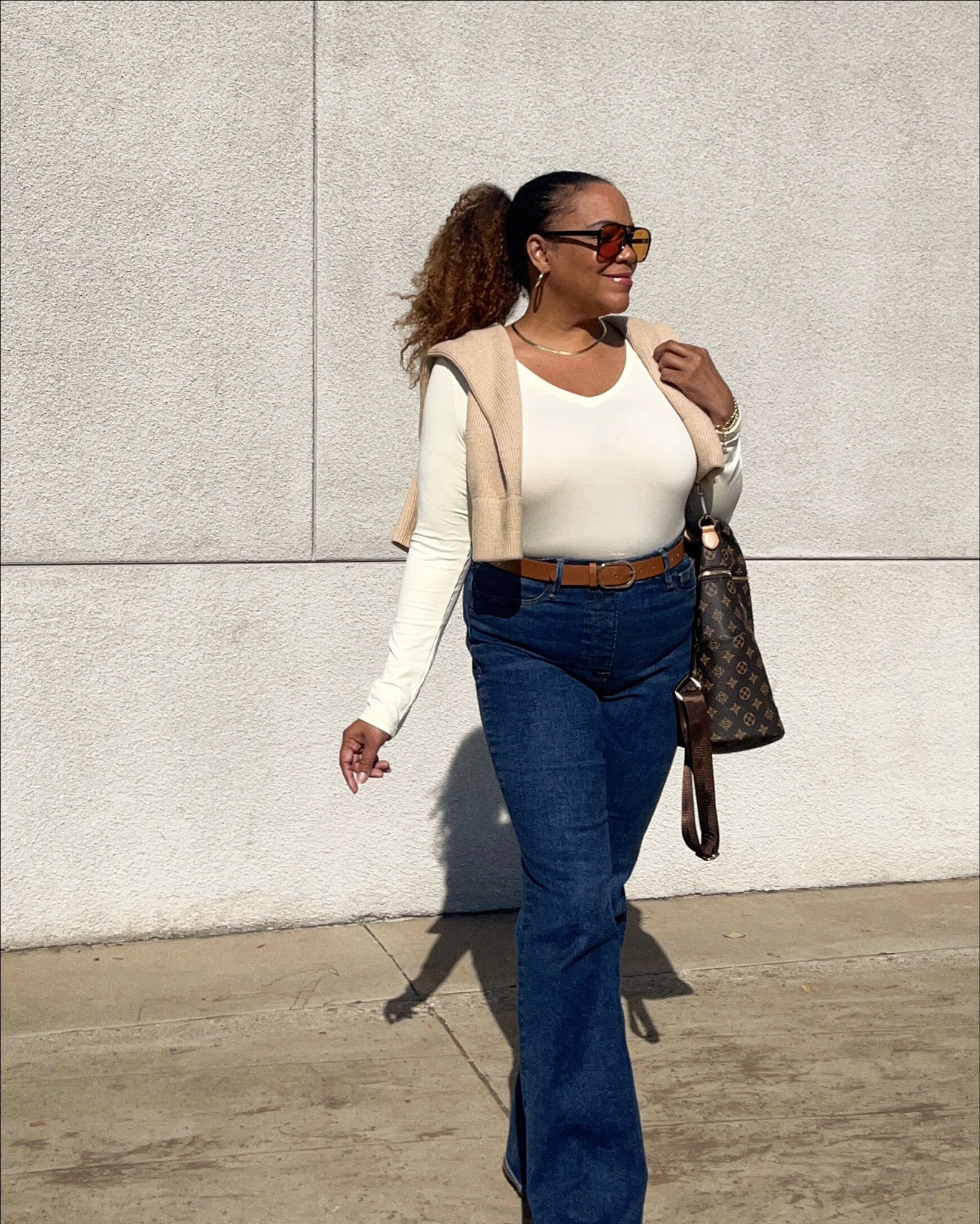 Casual little flare jeans look! Vneck is a large, jeans size large, pullover sweater size medium 🫶🏾✨

#LTKMidsize #LTKOver40