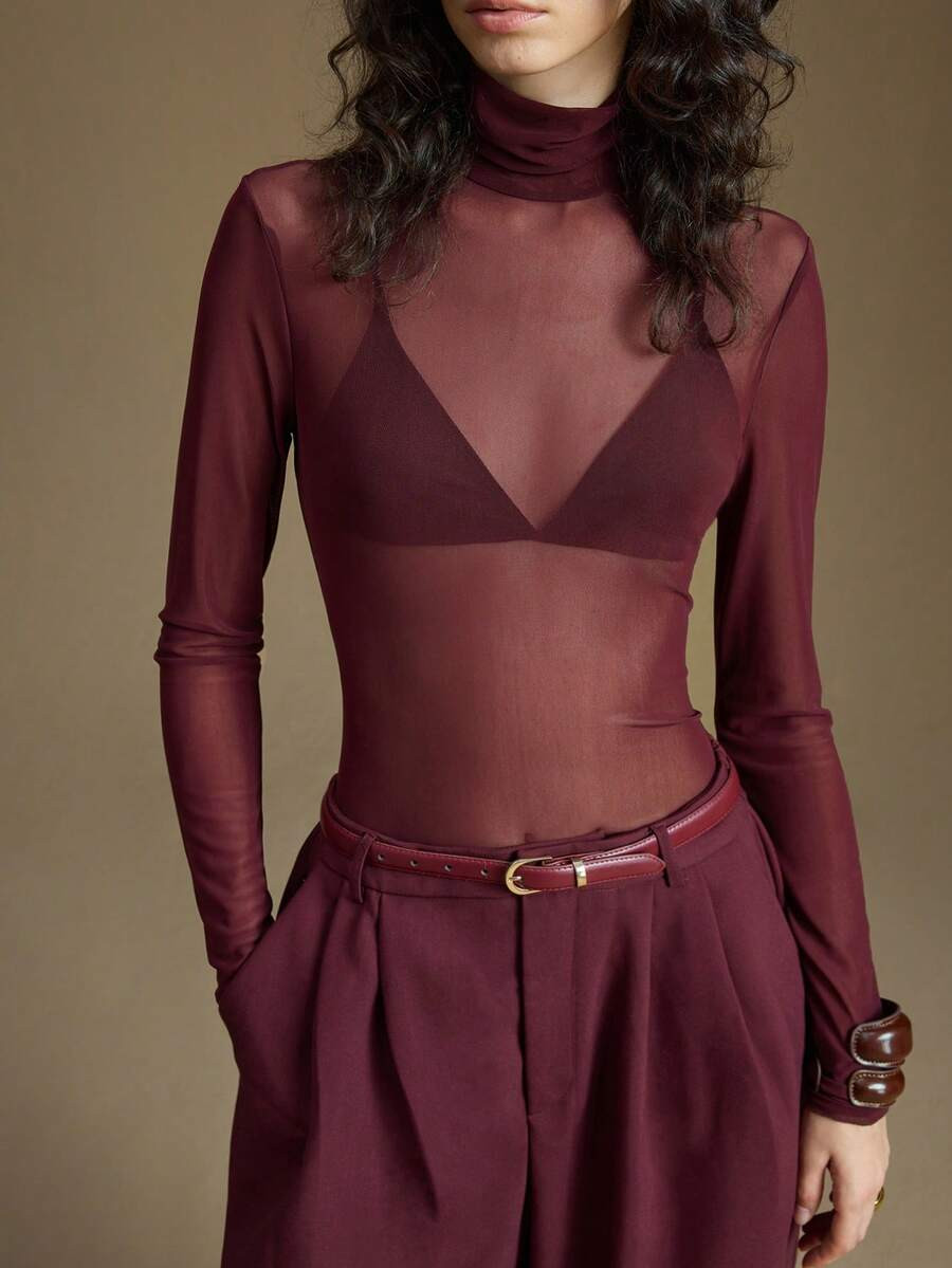 Ontre Women's Sheer Mesh Turtleneck Blouse, Minimalist Versatile Business Casual Office Wear For ... | SHEIN