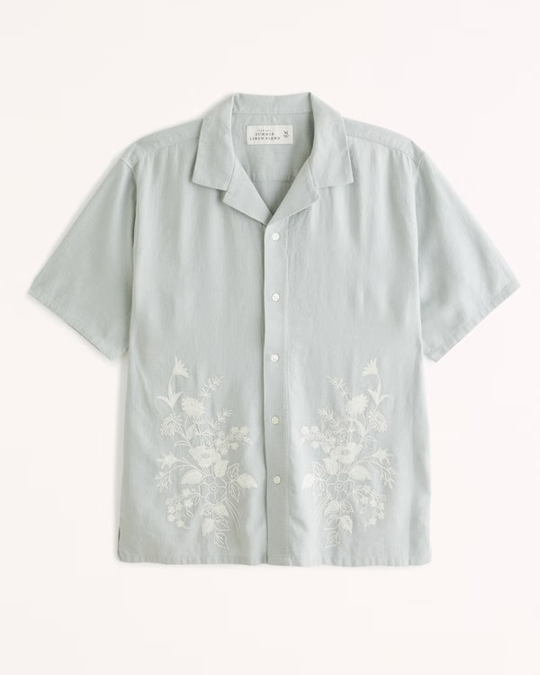 Camp Collar Summer Linen-Blend Embroidered Shirt | Abercrombie & Fitch (US)