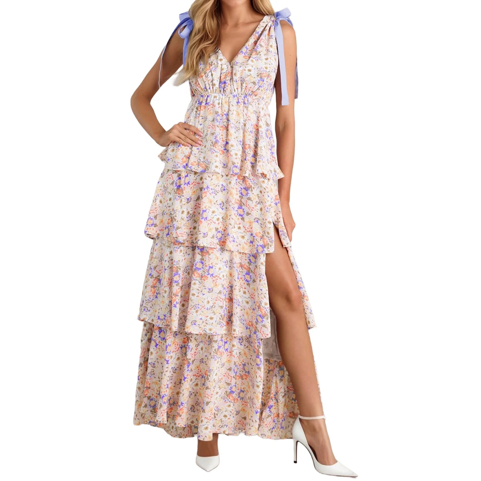 Summer Sleeveless V-neck Floral Printing Flared Ruffle Long Maxi Dress | Walmart (US)