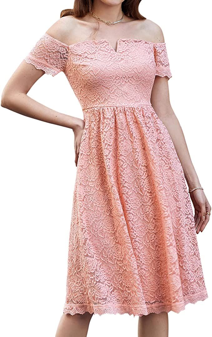 GRACE KARIN Women's Elegant Lace Dress Off The Shoulder Short Sleeve Flared A-Line Wedding Guest ... | Amazon (US)