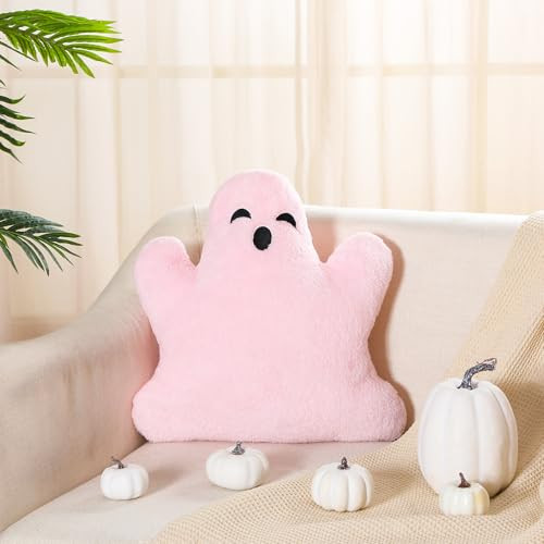 Cinnvoice Ghost Halloween Pillows Cute Happy Halloween Ghost Shaped Throw Pillow Decorative Spooky Pillow 19.7 x 16.5 Inch Ghost Decor Stuffed Halloween Pillow for Couch Home Sofa Cushion(Light Pink) | Amazon (US)
