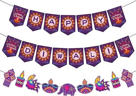 Happy Diwali Banner Party Decorations Deepavali Hanging Banner Purple Card Porch Sign Decor Festi... | Amazon (US)