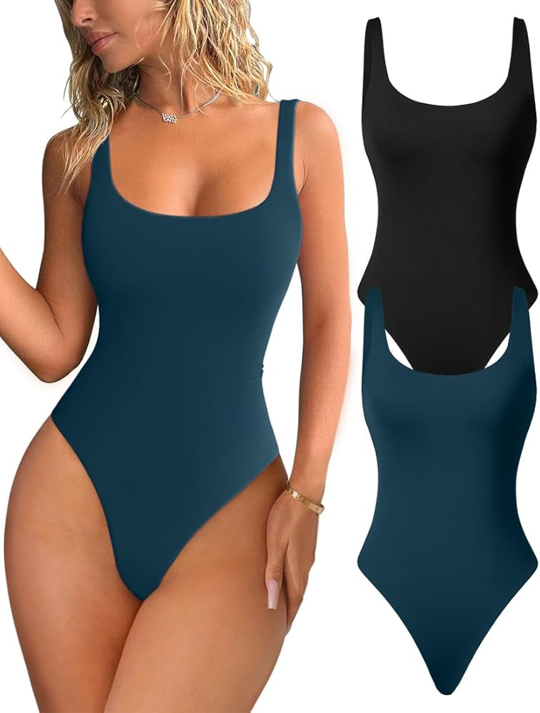 Women's 2 Piece Leotard Square Neck Tank Sleeveless Backless Thong Bodysuit Shirts | Amazon (US)
