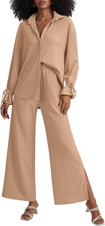 LYANER Women's 2 Piece Outfits Button Down Long Sleeve Shirt and Wide Leg Pants Set | Amazon (US)