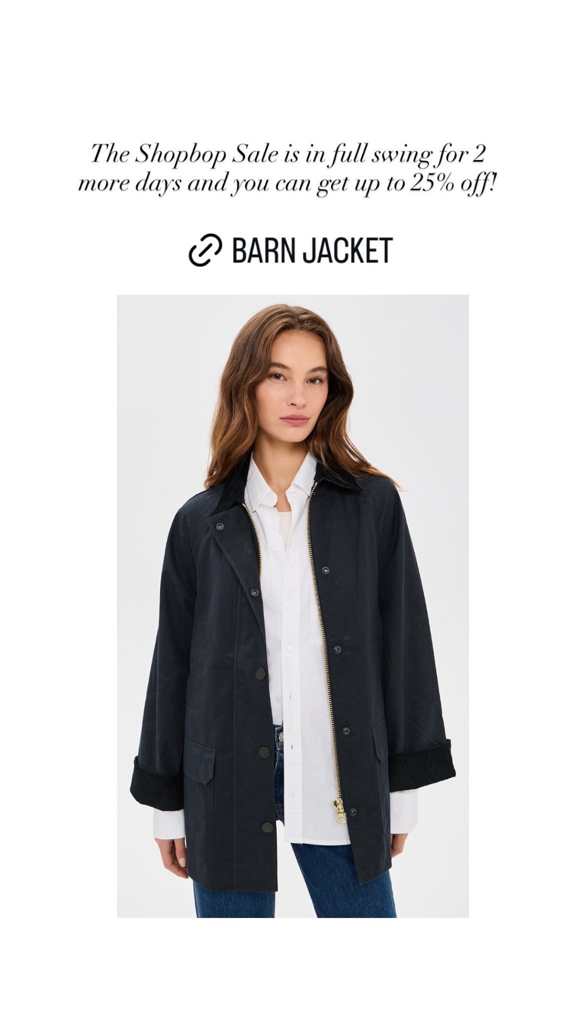 The Shopbop Sale is in full swing for 2 more days and you can get up to 25% off! Fall jacket, barn jacket.

#LTKTravel #LTKSeasonal #LTKSaleAlert