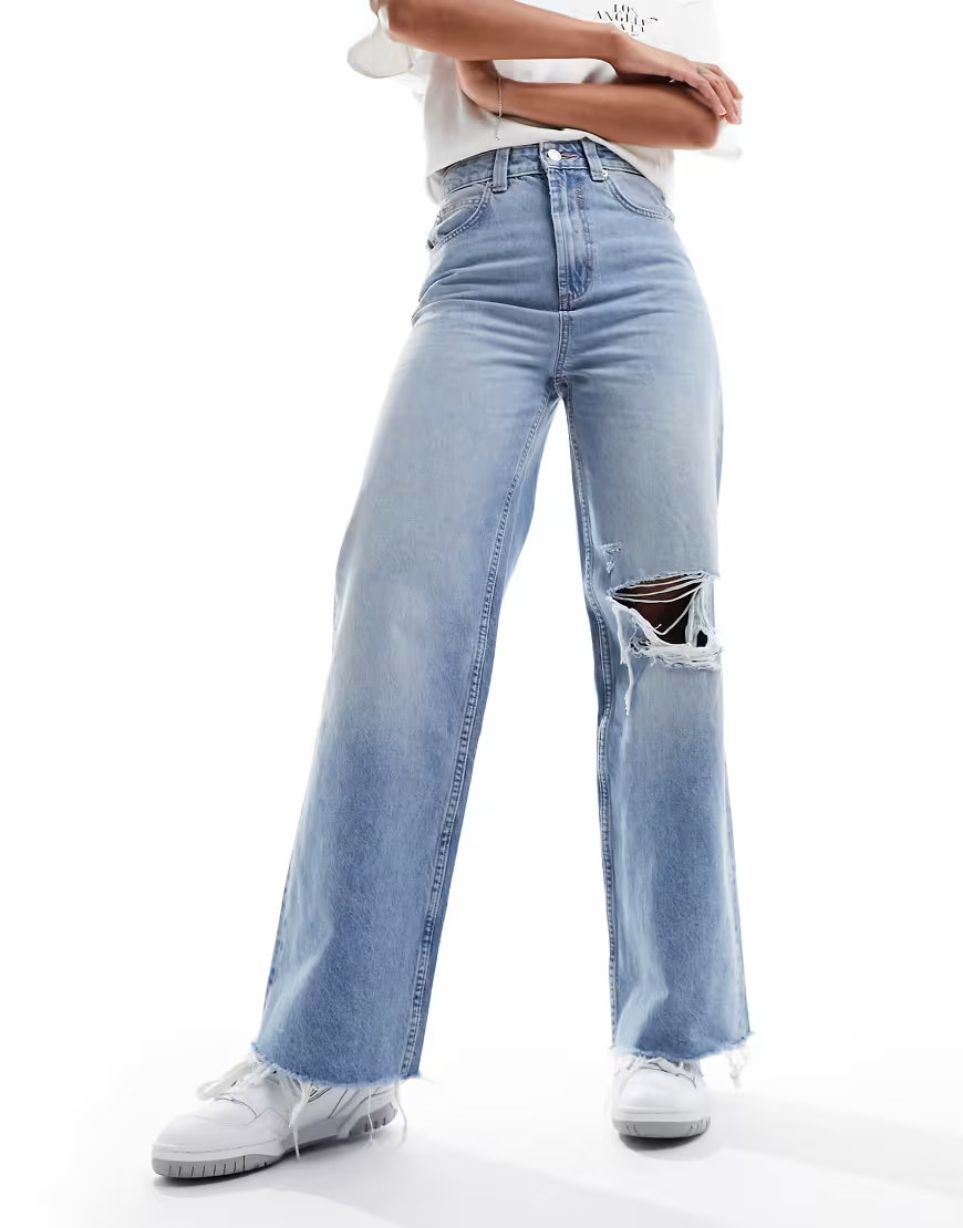 ASOS DESIGN wide leg dad jeans with rips in mid blue | ASOS (Global)