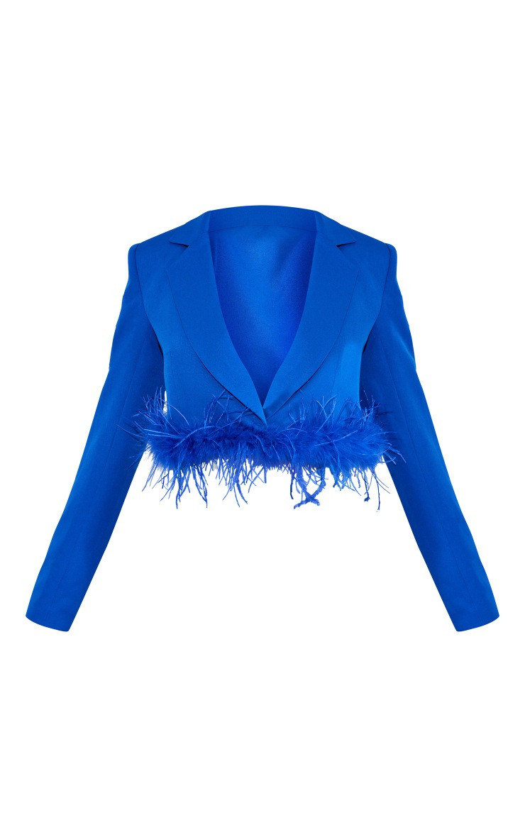 Petite Blue Feather Edge Cropped Blazer | PrettyLittleThing US