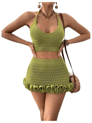 MakeMeChic Women's Crochet Cover Up Halter Crop Tops and Ruffle Skirt Swimwear Bathing Suit Green... | Amazon (US)