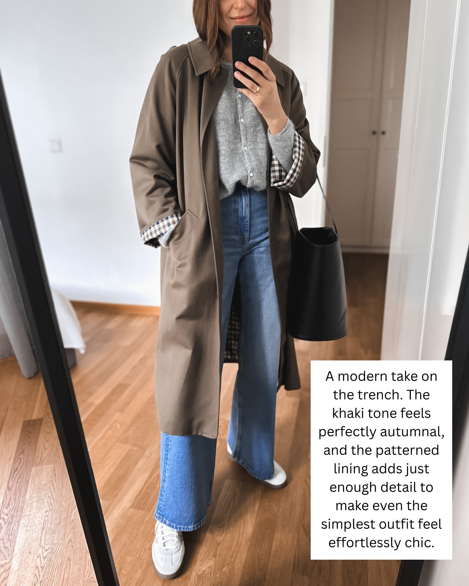 Trench - wearing size M/38
Sweater - wearing M
Jeans - wearing size 28, length 31