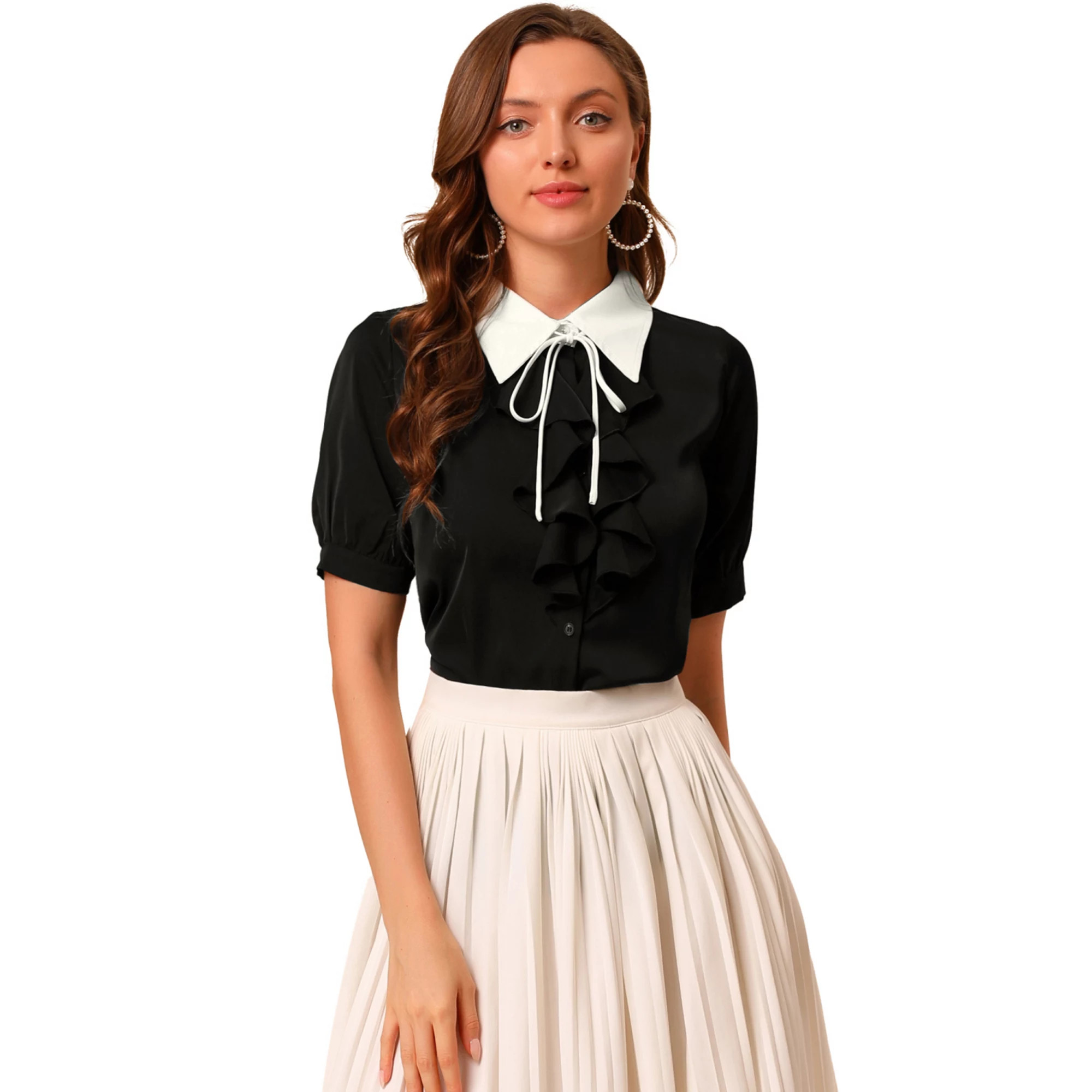 Women's Contrast Collar Tie Ruffle Front Button Short Sleeve Work Shirt | Kohl's