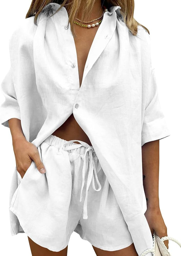 Runcati Womens Linen Cotton 2 Piece Outfits Button Down Half Sleeve Shirt&Summer High Waist Draws... | Amazon (US)