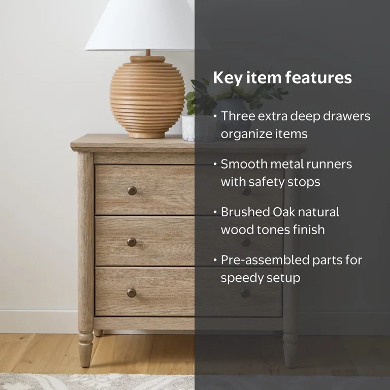 My Texas House Monroe 3 Drawer Nightstand with USB, Brushed Oak Finish | Walmart (US)