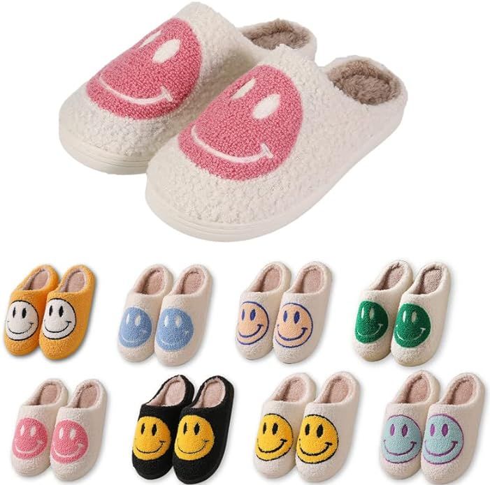Smile Face Slippers，Rosyclo Retro Soft Plush Cozy House Slippers Slip-on Fluffy Indoor Outdoor ... | Amazon (US)