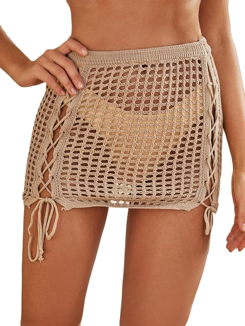 SOLY HUX Women's Elastic Waist Tassel Sheer Beach Swimwear Cover Up Mini Skirt | Amazon (US)