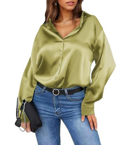 Damipow Satin Silk Button Down Shirts for Women Dress Shirts Long Sleeve Blouses Womens Shirt,Olive Green,S | Amazon (US)
