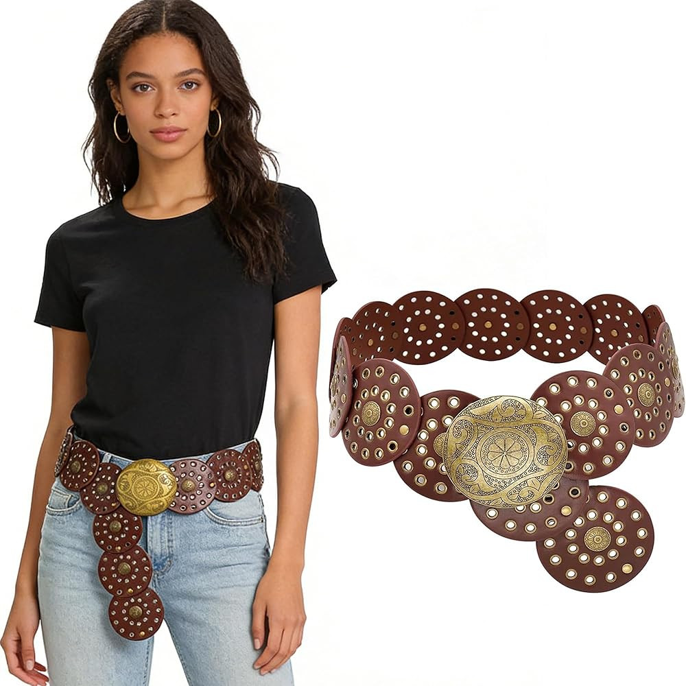 IZUS Classic-Retro Oval-Concho-Buckle Western-Belt for Women-Dresses Wide-Disc Cowgirl-Belts Boho-Country-Style | Amazon (US)